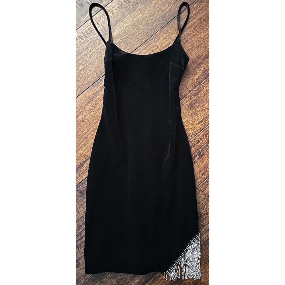 City Vibe Black Velvet Dress 0 XS Rhinestone Fringe Bodycon Cocktail Holiday NYE